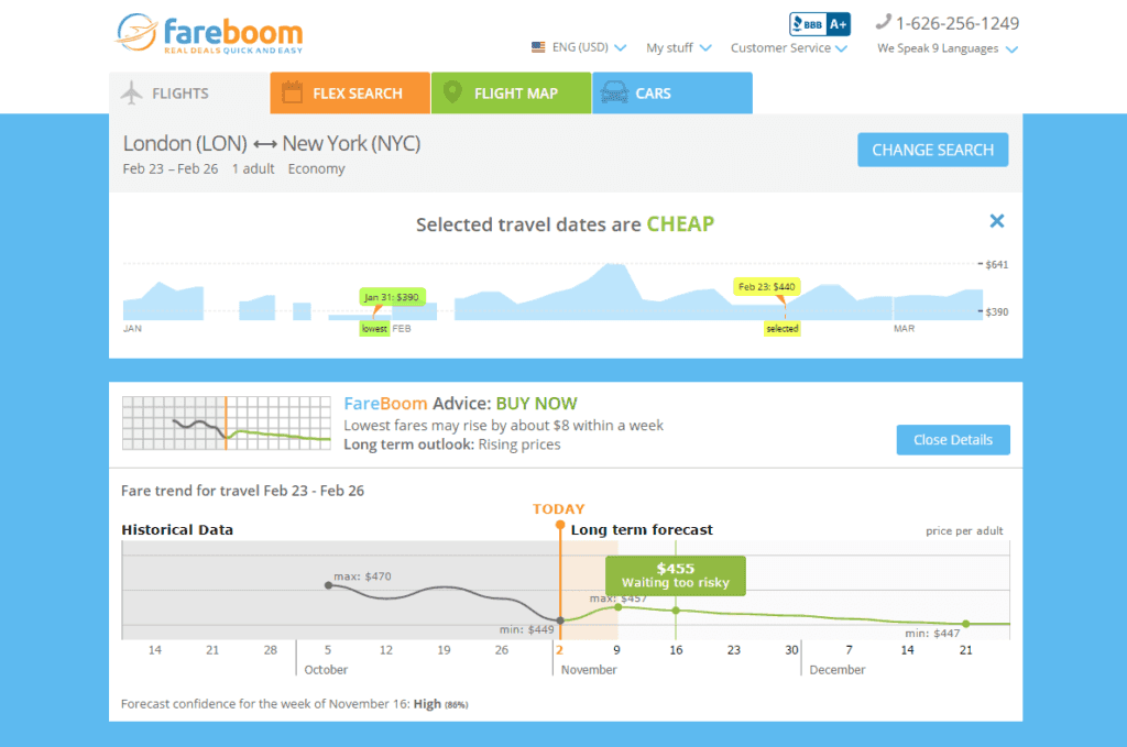 Fareboom Price Predictor, long-term forecast example