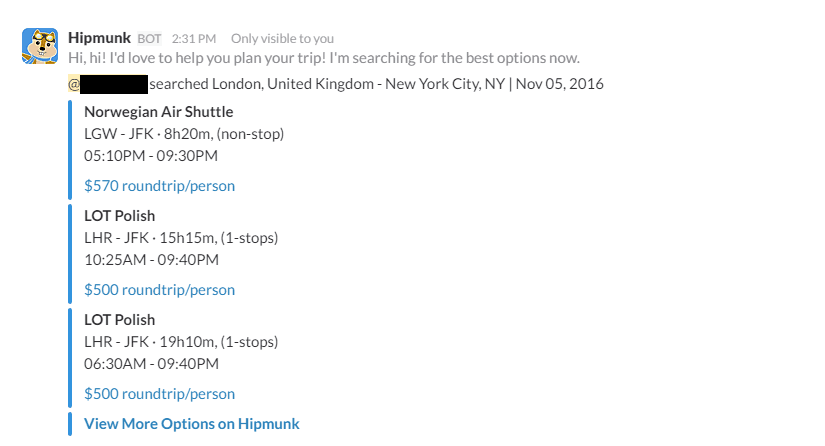 Using Hello Hipmunk on Slack