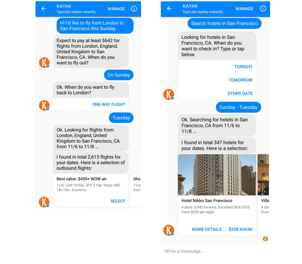 Kayak travel assistant on Facebook Messenger