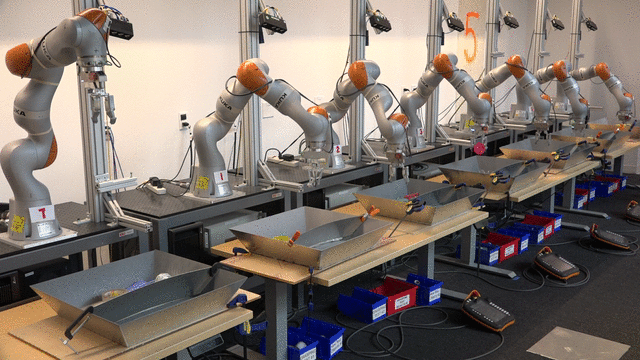 Seven robots are collecting grasp data