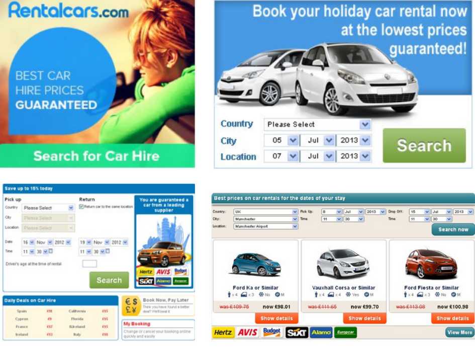 Rentalcars integration options: web banners, a booking engine, and a confirmation page widget
