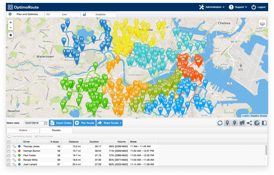 OptimoRoute dashboard of planned routes