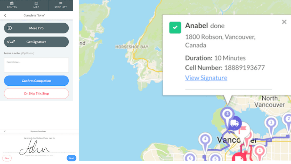 Proof of delivery with customer signatures in Routific's mobile app