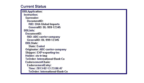 This transaction status on Bolero displays that the International-Bank-Co has surrendered the eBL to the carrier