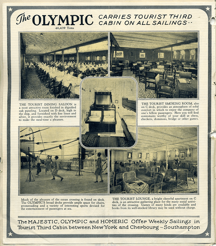 Advertisement depicting newly built spaces for the tourist class including a separate dining room and entertainment options