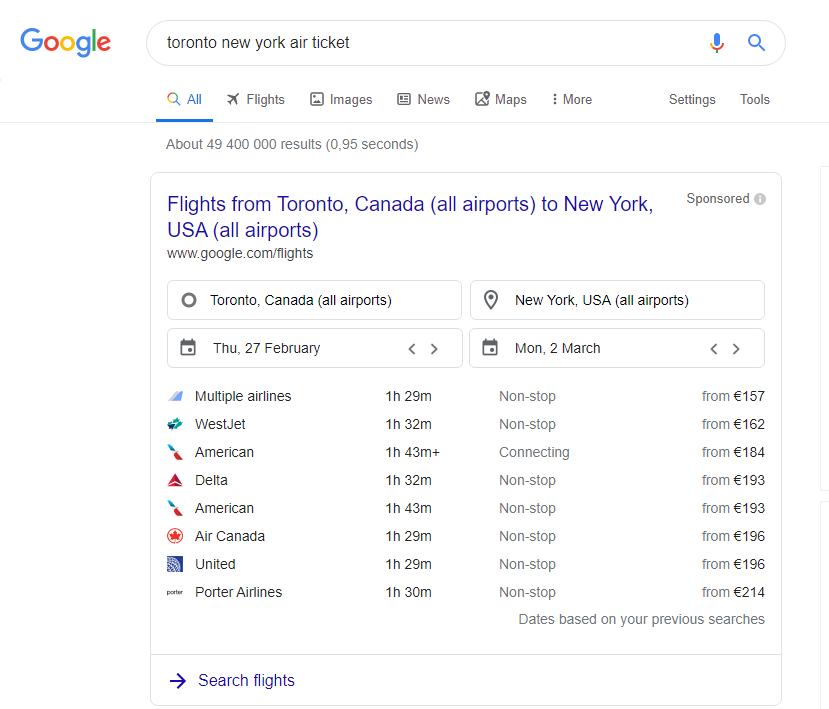 Google Flights shown at the search page rate airlines by price