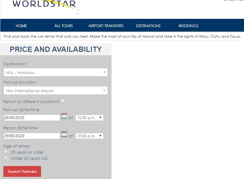 Car rental widget at Worldstar DMC