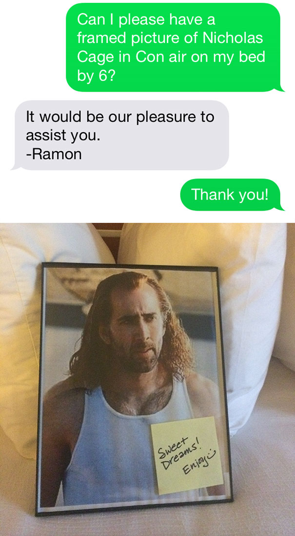 Meme with a guest asking for a Nicholas Page picture on his bed