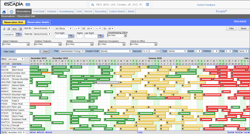 Escapia reservations dashboard