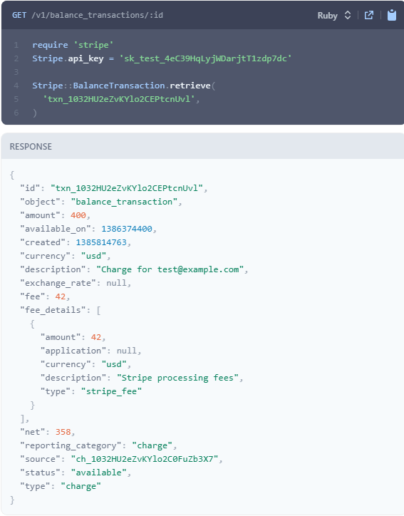 Stripe API request and response examples