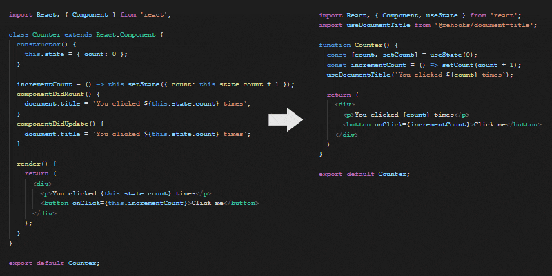 React code with and without hooks