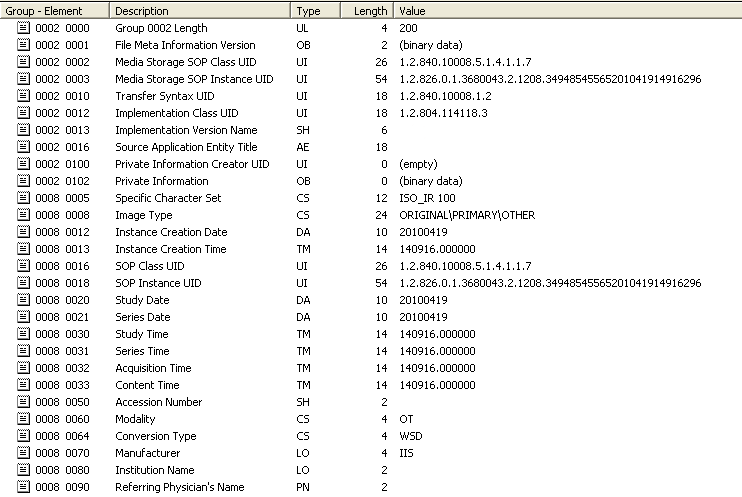 DICOM header example