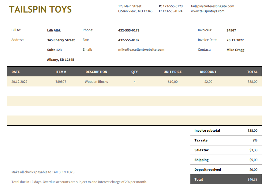 fictive company export document template