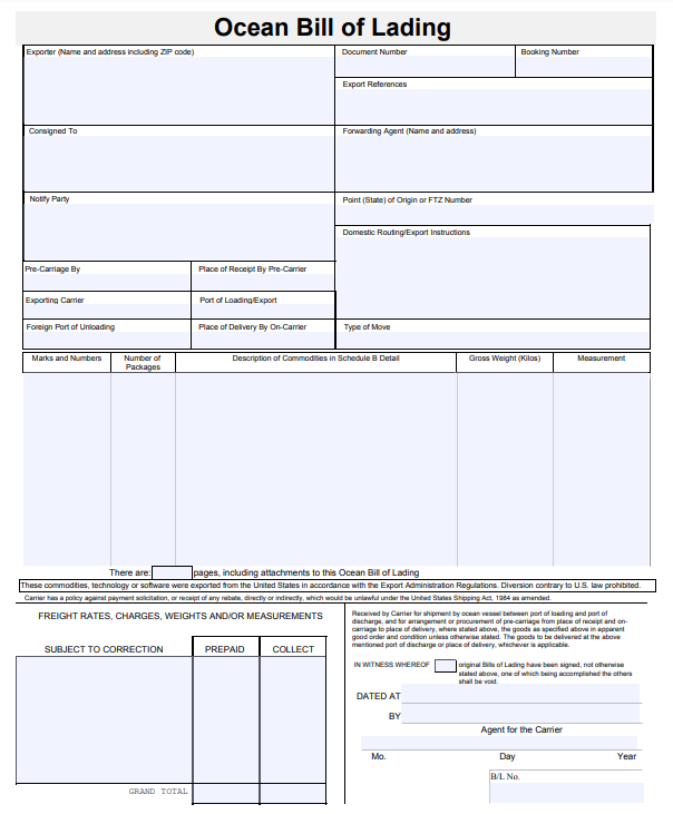 ocean bill of lading template