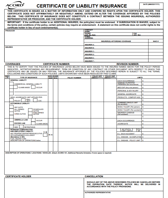 certificate of insurance template