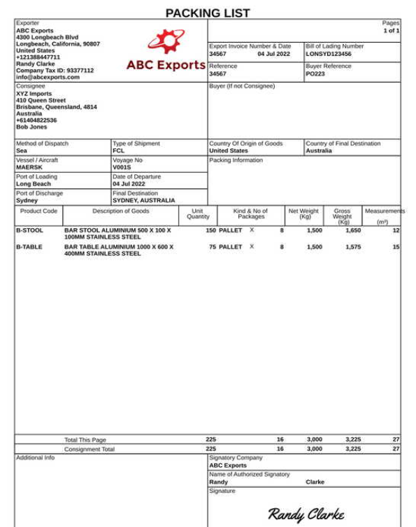 export packing list template