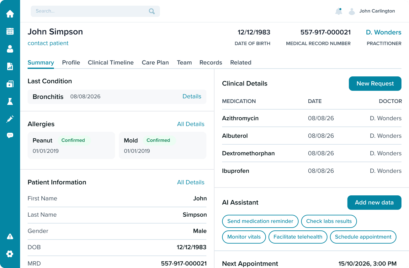 Patient health dashboard with: header with contact link and practitioner, navigation tabs (Summary, Profile, Clinical Timeline, and more), cards for last condition (bronchitis), allergies, patient information, a clinical medications table, and an AI Assistant with quick actions.