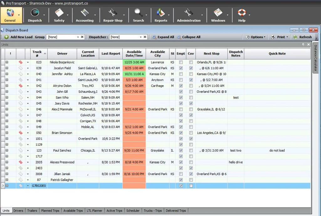 ProTransport dashboard interface