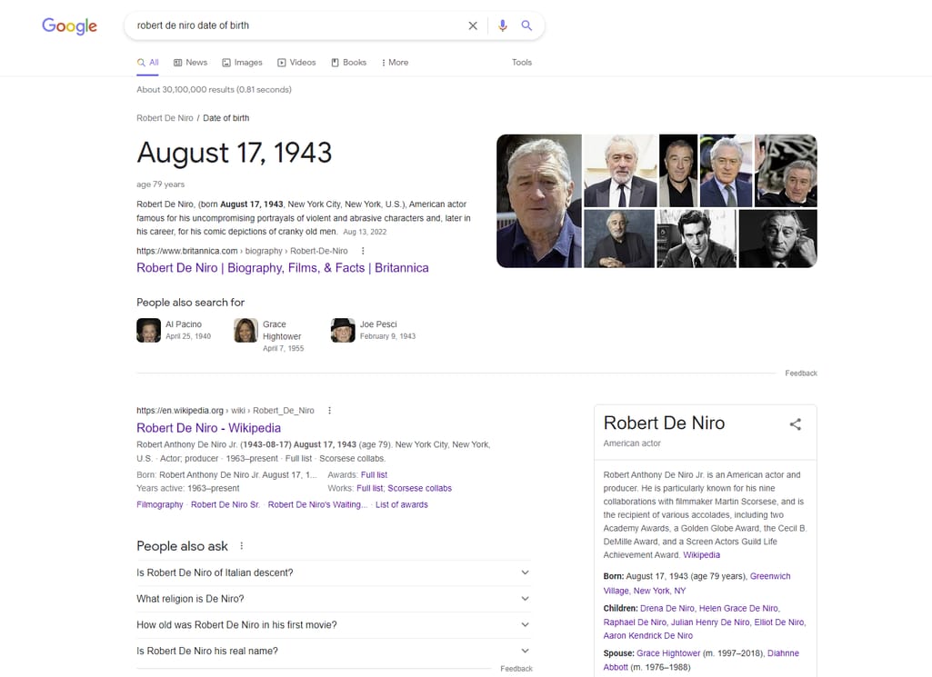 Google results for the query “Robert De Niro date of birth”
