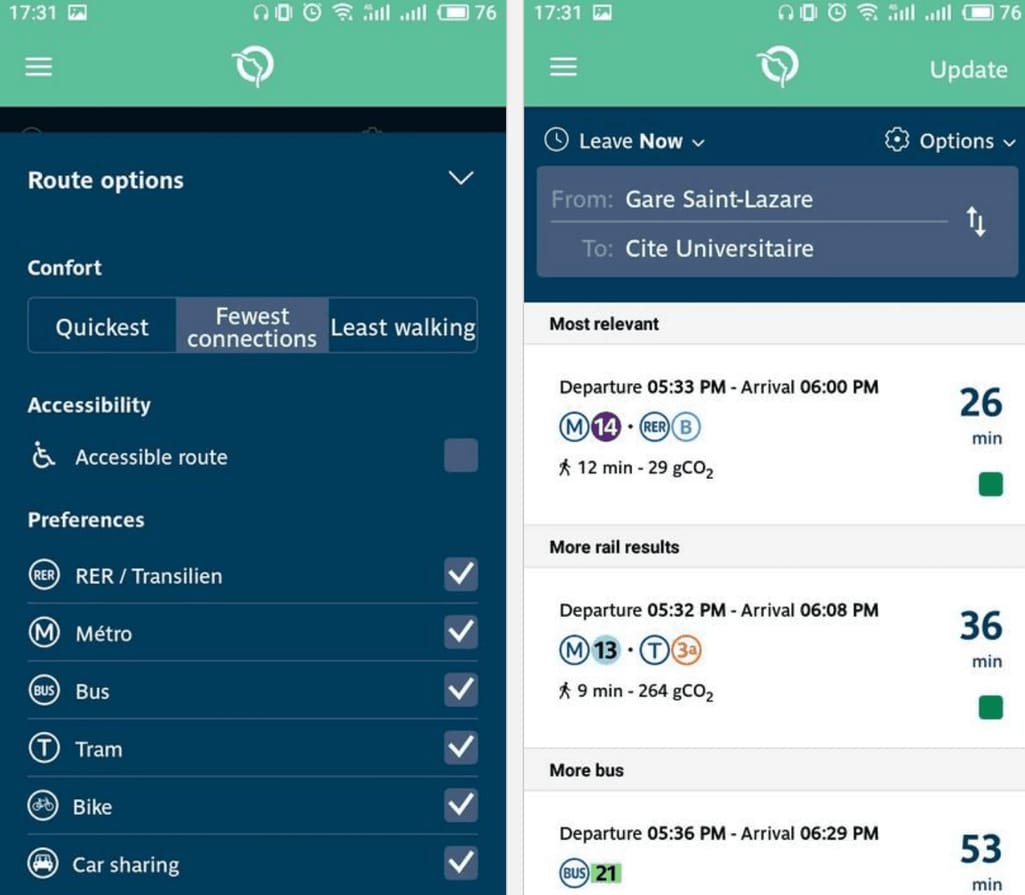 Route options in RATP Subway Paris