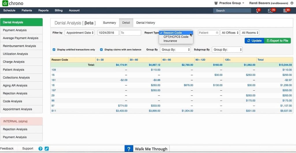 DrChrono claims denial analysis dashboard