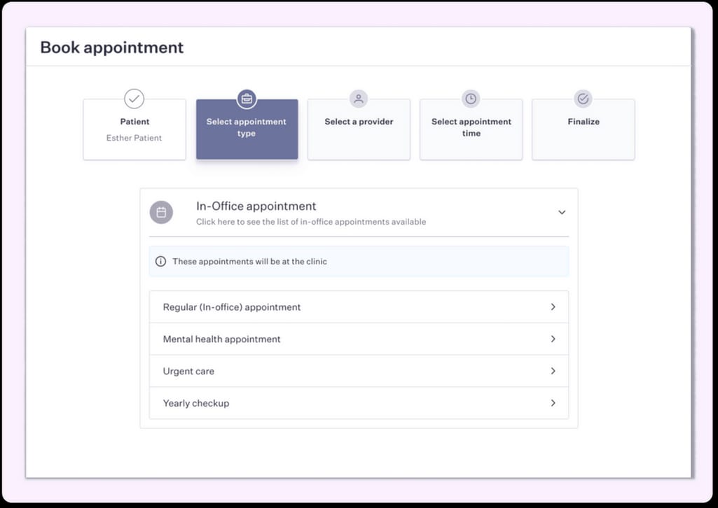 booking interface in a patient portal