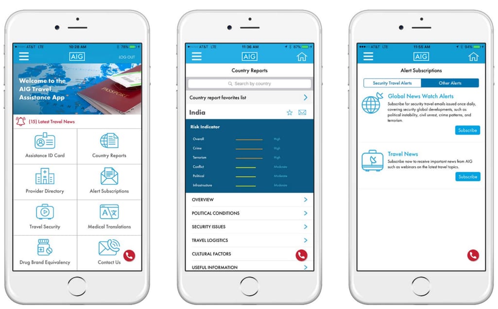 Visual representation of AIG Travel Assistance App