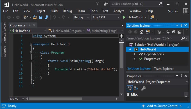 C# hello world example