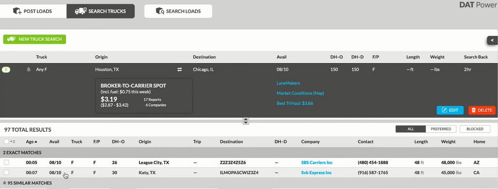 Truck search interface in DAT
