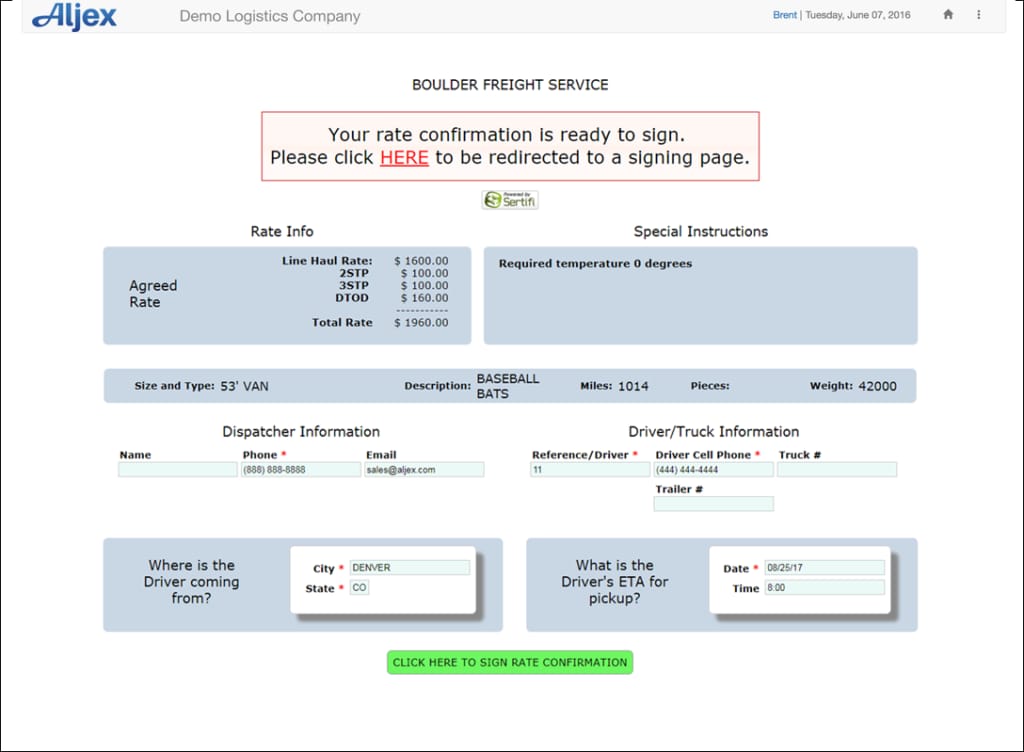 Generated rate confirmation for a carrier