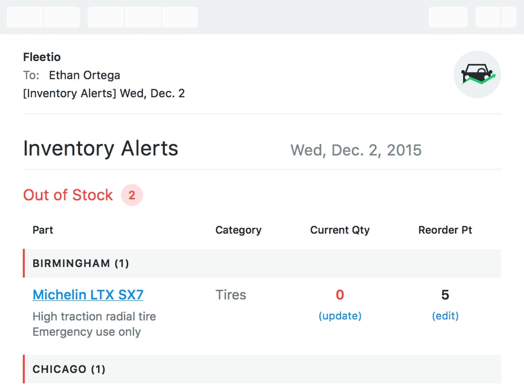 Fleetio platform Inventory module interface