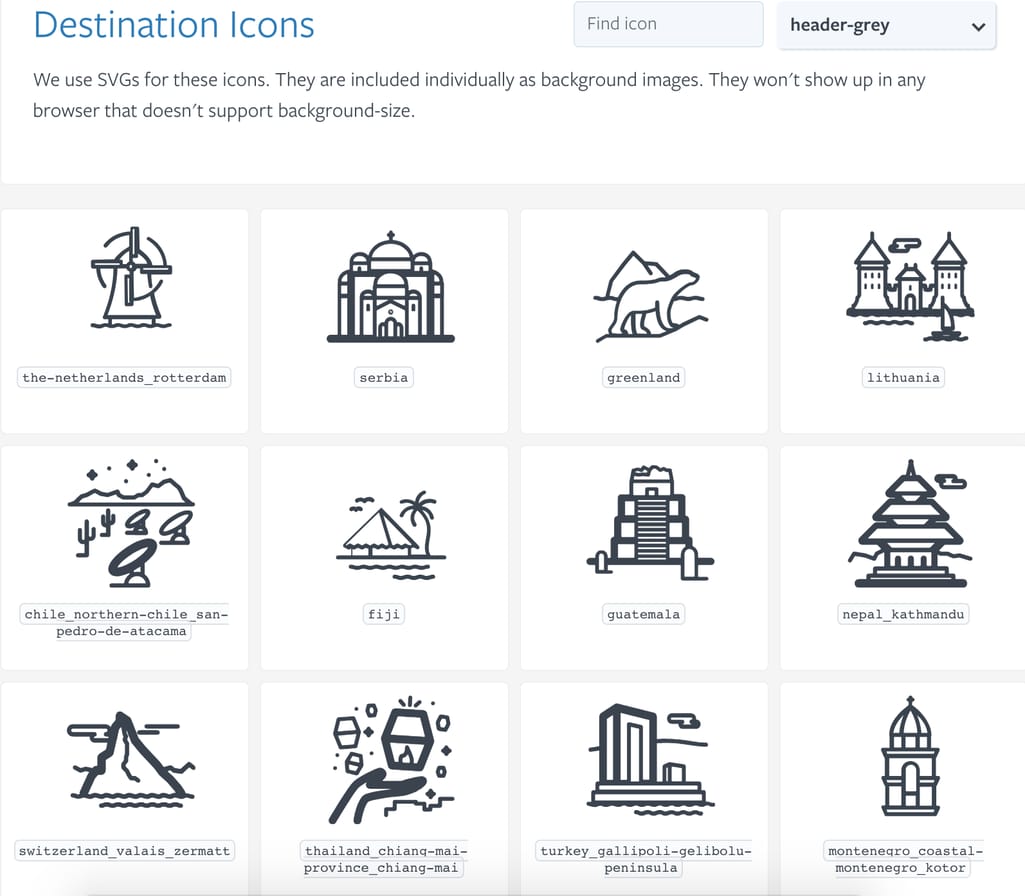 Icon catalog in Lonely Planet’s style guide