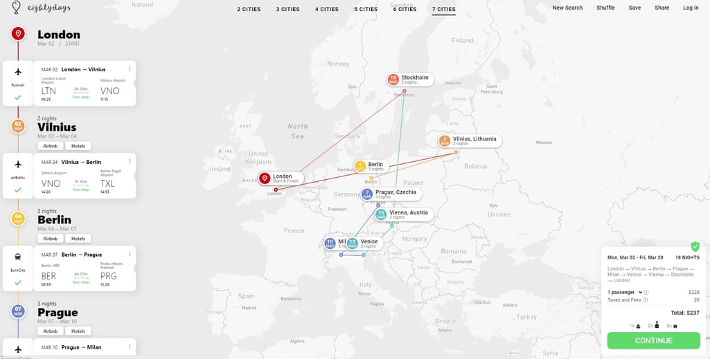 Eightydays cuts creating a complex itinerary to minutes