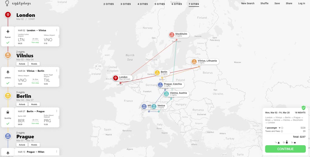  Eightydays cuts creating a complex itinerary to minutes