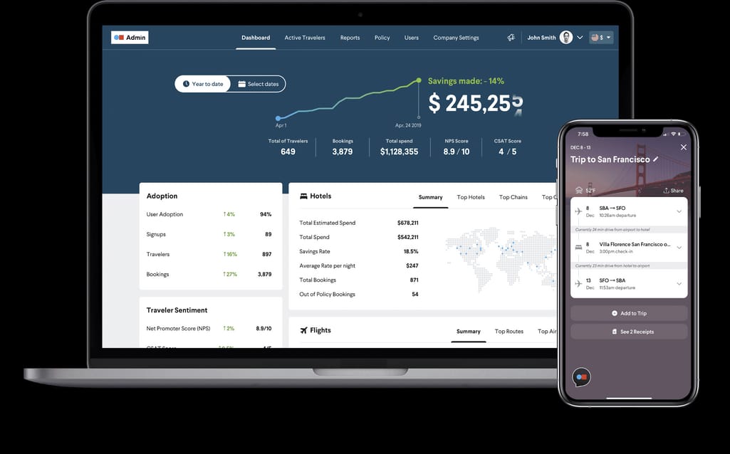 Admin dashboard and travel mobile app interfaces