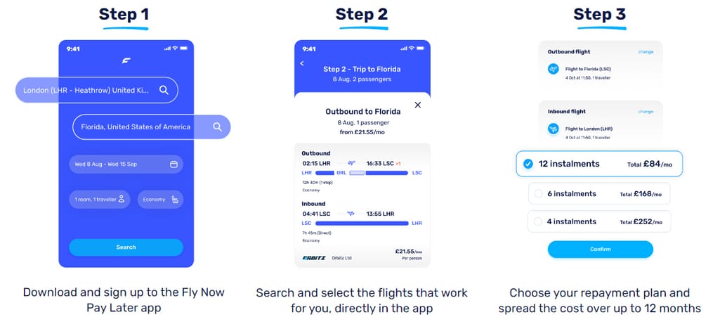 Fly Now Pay Later in-app booking flow