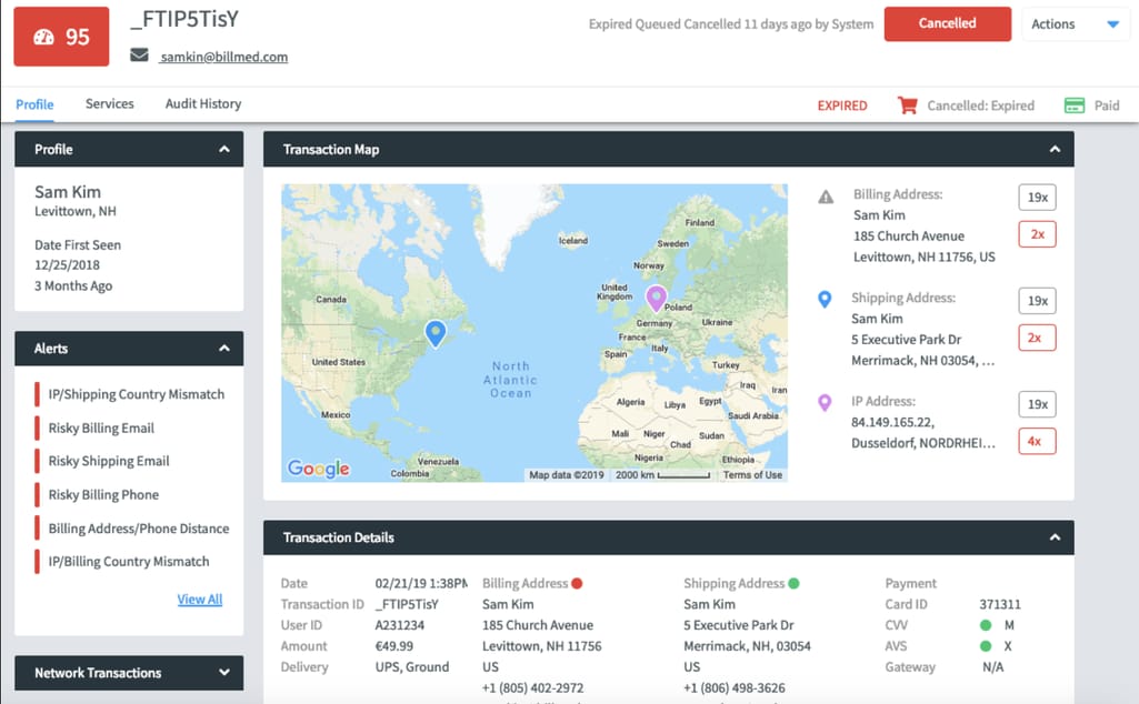 Customer profile with risk alerts built by Fraud.net