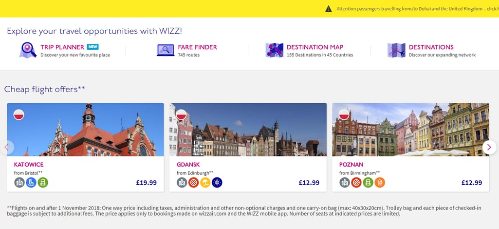 A roster of special prices given by WizzAir low-cost airline on their website