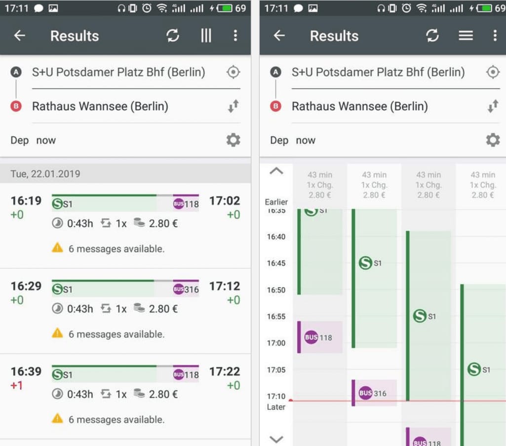 Departure and arrival information in BVG FahrInfo Plus