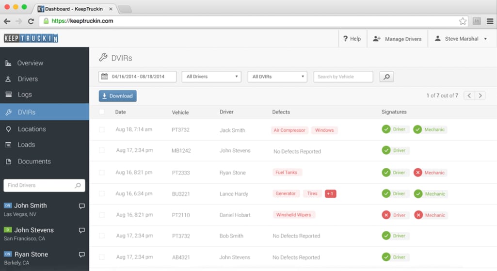 DVIRs dashboard with KeepTruckin platform