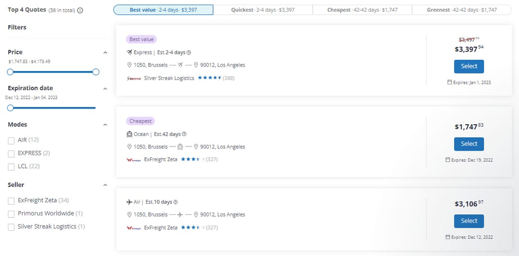 Freightos search results