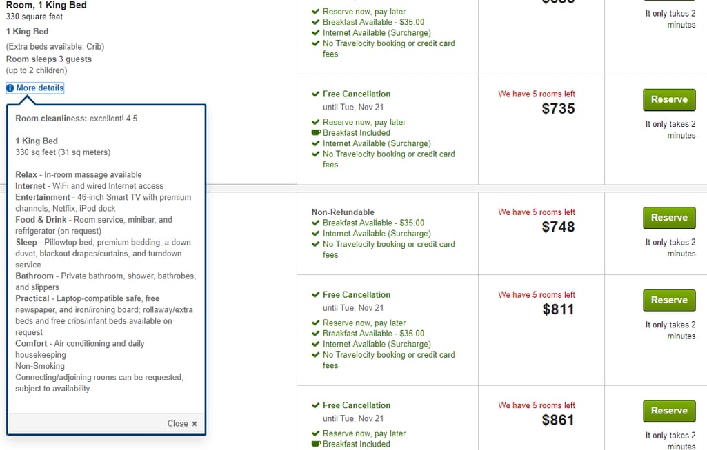 travelocity hotel attributes