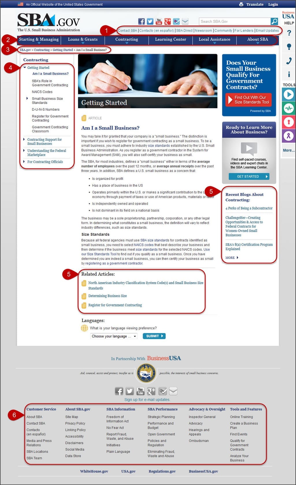 sba website navigation elements