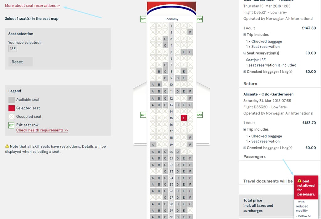 Norwegian Air seating selection