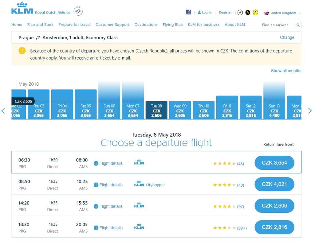 KLM showcases fares in CZK