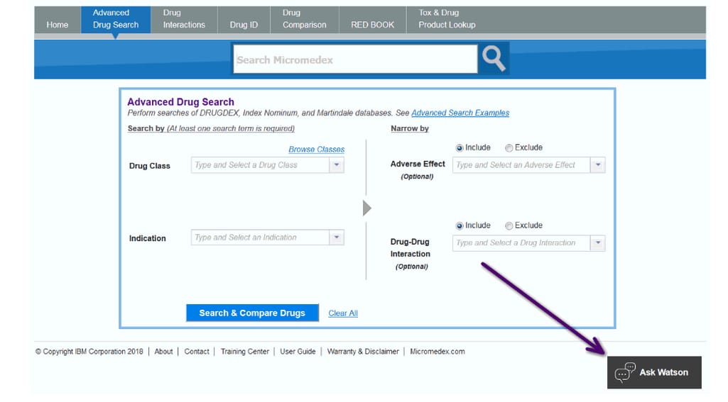 Micromedex Medication Management interface with a built-in Watson Assistant chatbot