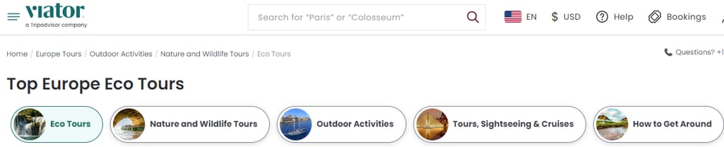 Viator’s activity categories