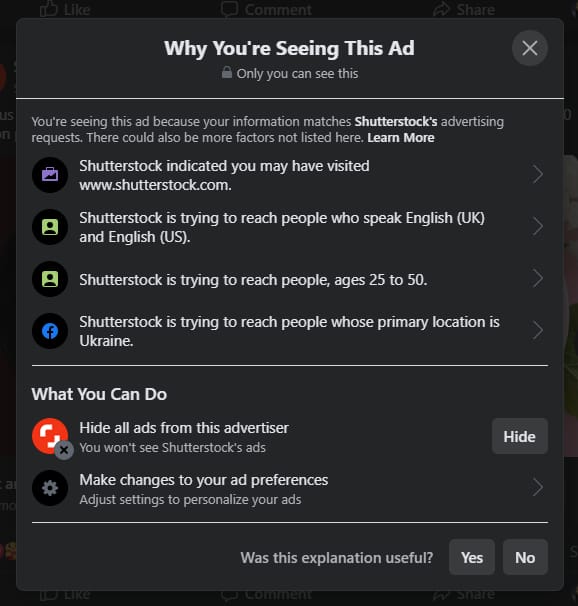 Facebook why you're seeing this ad