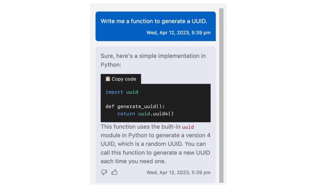 An example of Codeium Chat answering a prompt asking to write a function to generate a UUID.