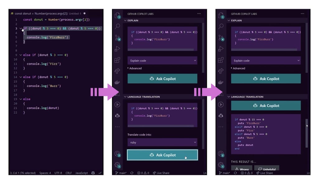 An example of the code translation process done in Copilot Labs.